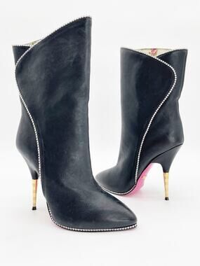 Gucci Fosca Black Leather Crystal Trim Pointed Toe Stiletto Heeled Boots EU 37